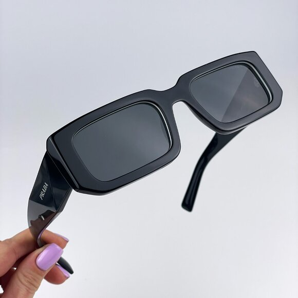 Prada PR06YS 09Q5S0 Sunglasses Black White Dark Grey Rectangle Unisex - Picture 6 of 15